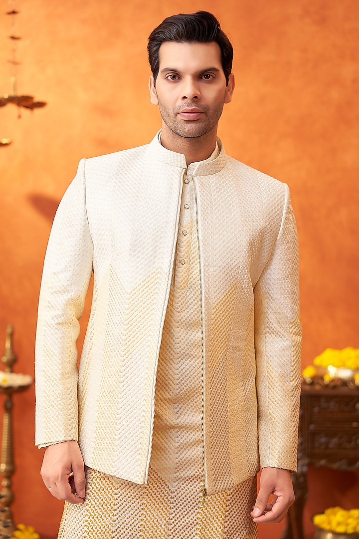 Yellow Ombre Chanderi Silk Resham Embroidered Wedding Bandhgala Set by PARV DESIGN STUDIO at Pernia's Pop Up Shop