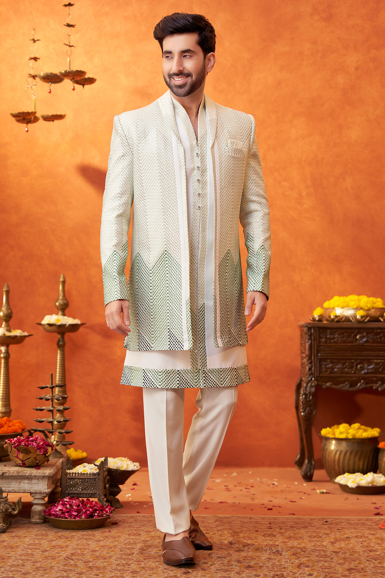 Pistachio Green Ombre Chanderi Silk Sequin Embroidered Indowestern Set by PARV DESIGN STUDIO