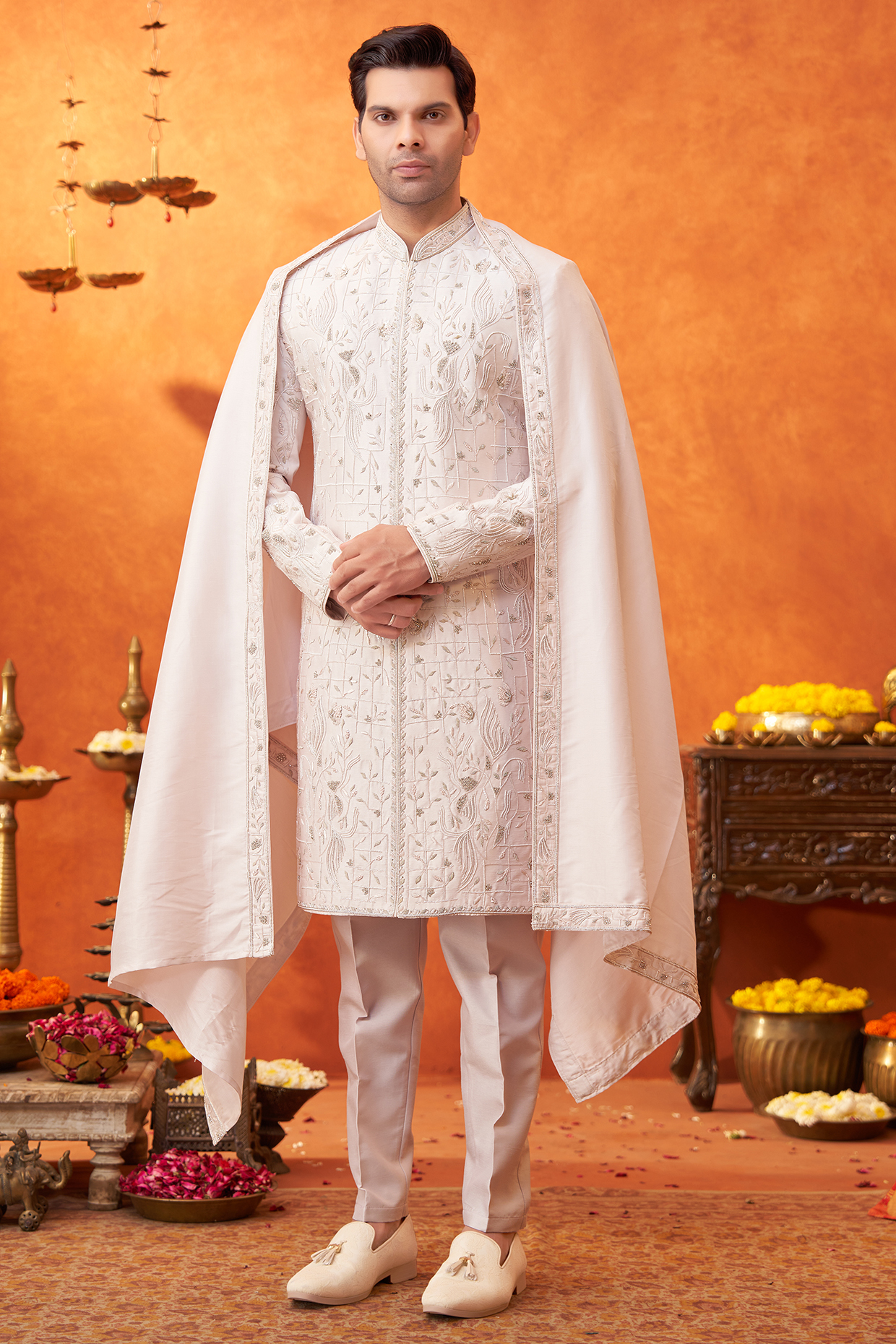 Blush Lilac Mulberry Silk Cutdana Embroidered Sherwani Set by PARV DESIGN STUDIO