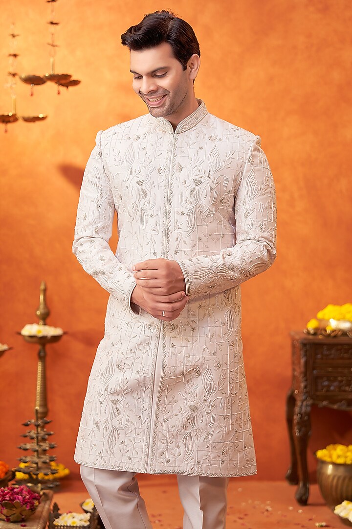 Blush Lilac Mulberry Silk Cutdana Embroidered Wedding Sherwani Set by PARV DESIGN STUDIO at Pernia's Pop Up Shop