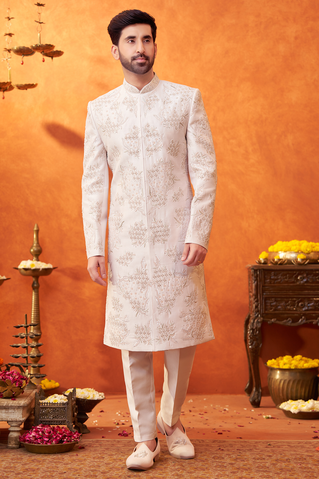 Blush Lilac Mulberry Silk Pearl Embroidered Sherwani Set by PARV DESIGN STUDIO