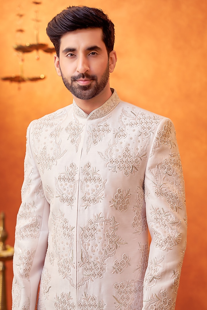 Blush Lilac Mulberry Silk Pearl Embroidered Wedding Sherwani Set by PARV DESIGN STUDIO at Pernia's Pop Up Shop