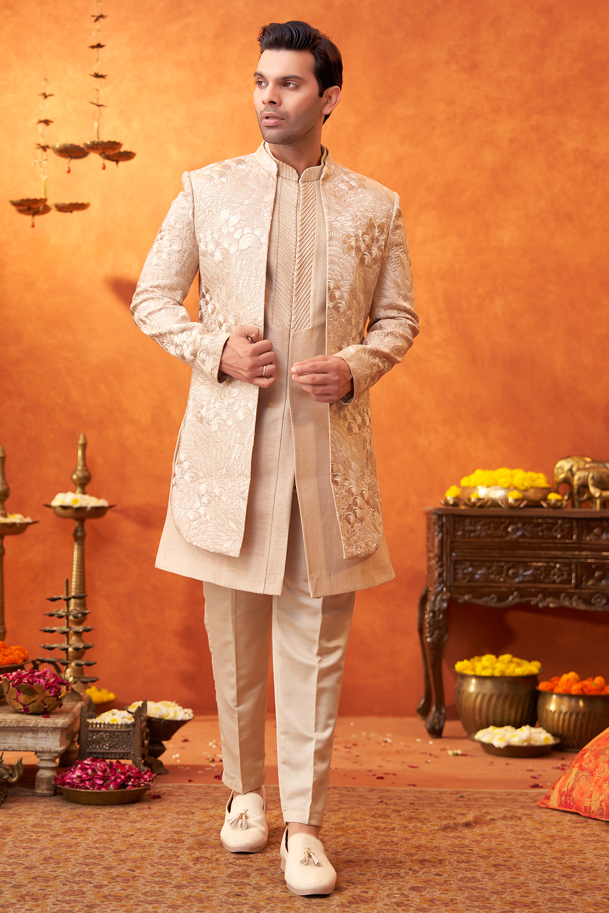 Rust Peach Raw Silk Thread Embroidered Indowestern Set by PARV DESIGN STUDIO
