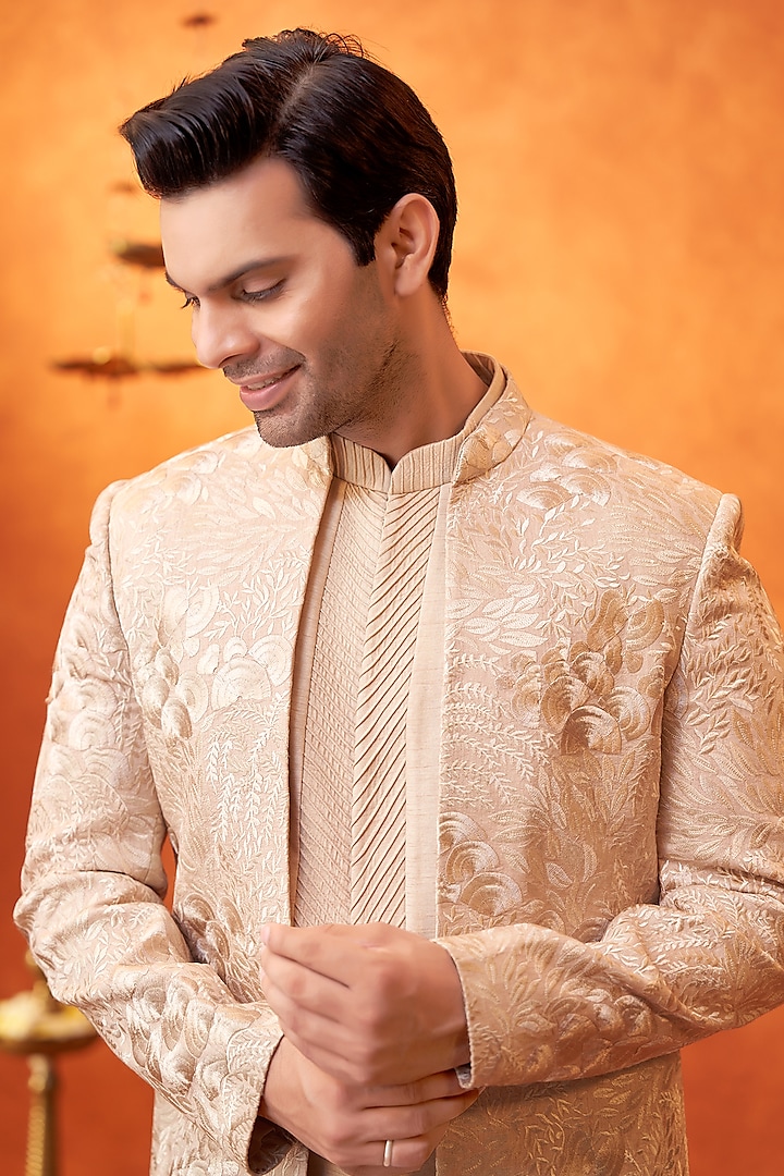Rust Peach Raw Silk Thread Embroidered Wedding Indowestern Set by PARV DESIGN STUDIO at Pernia's Pop Up Shop