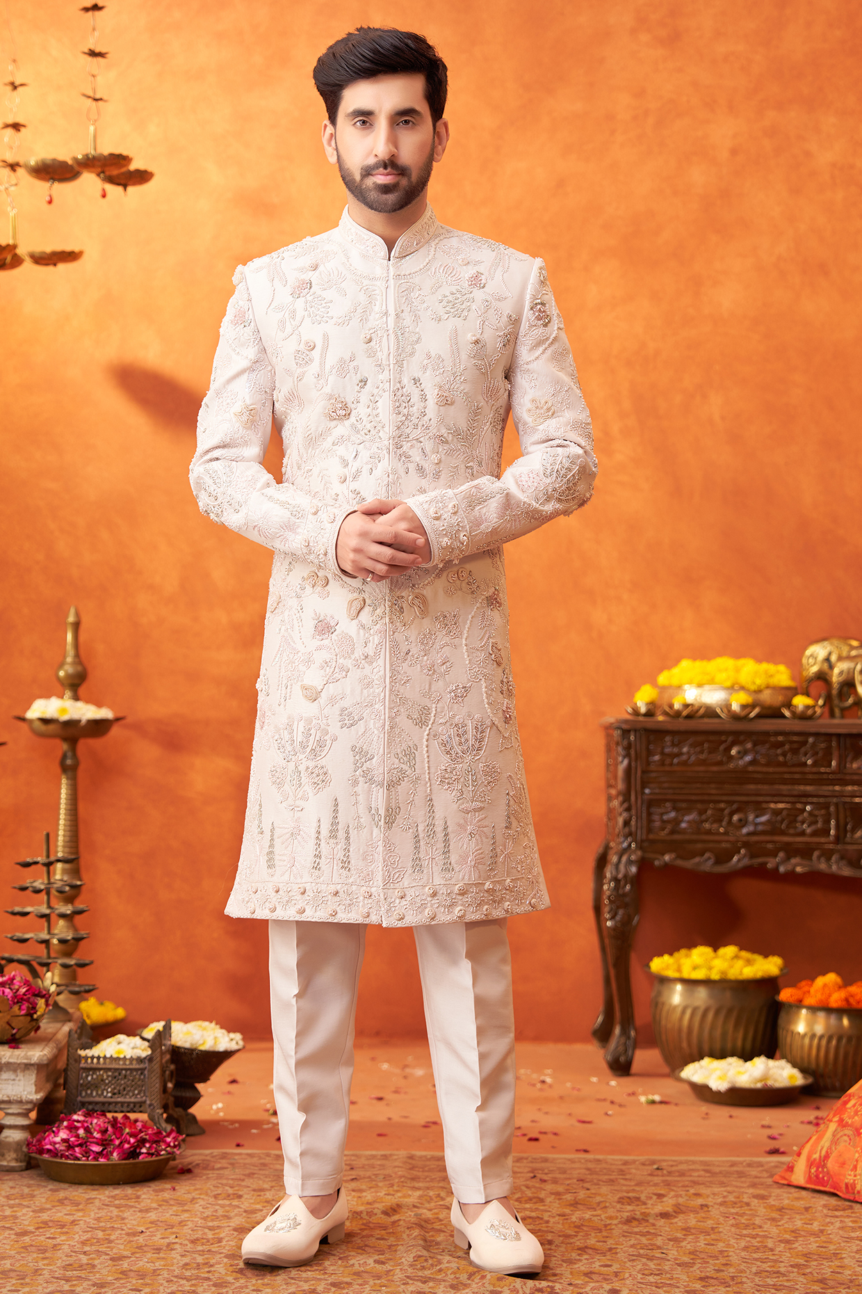Blush Lilac Raw Silk 3D Applique Work Sherwani Set by PARV DESIGN STUDIO