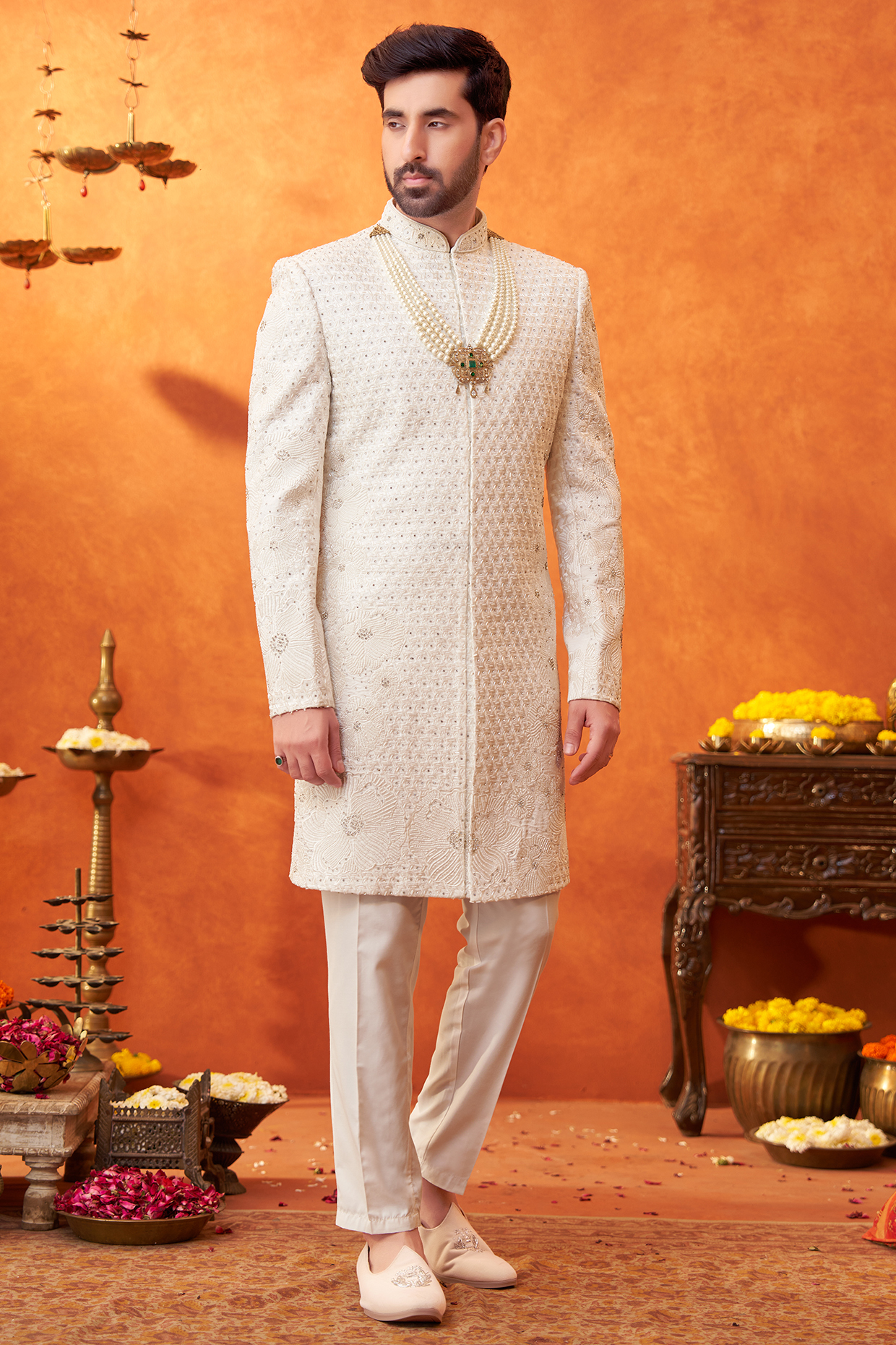 White Chanderi Silk Floral Motif Embroidered Sherwani Set by PARV DESIGN STUDIO