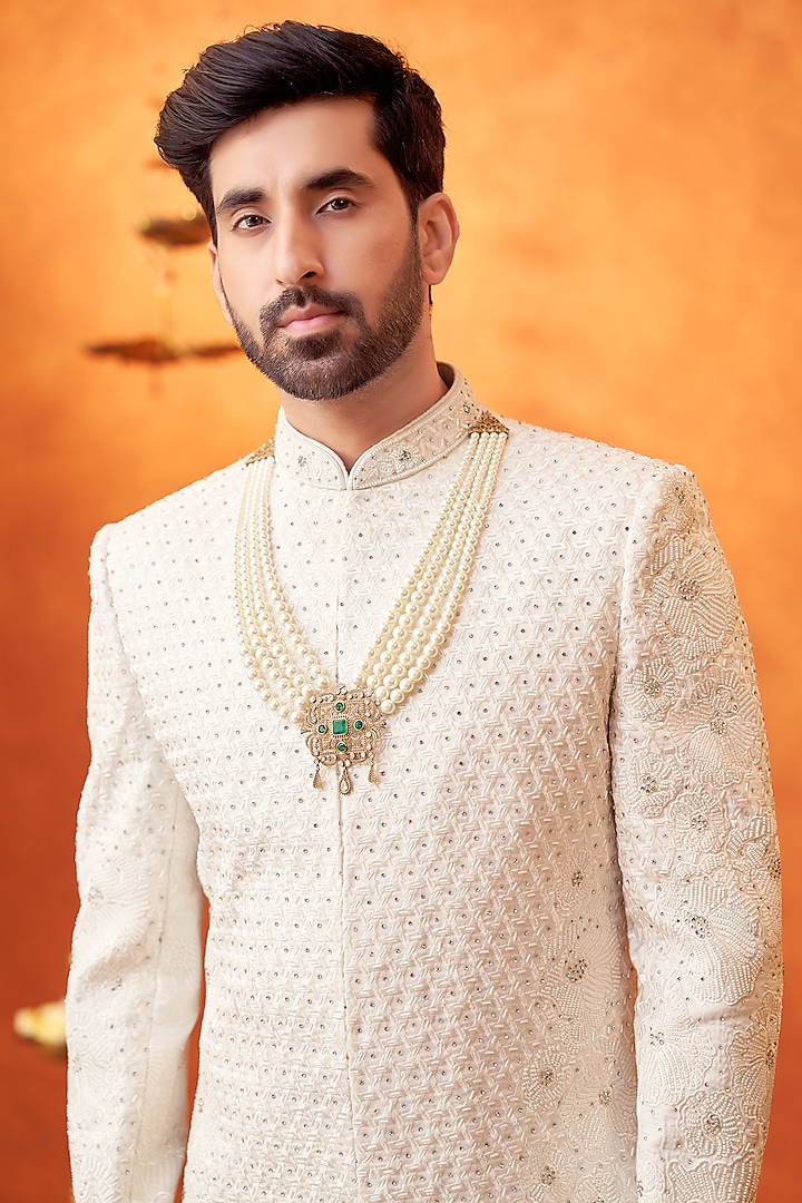 White Chanderi Silk Floral Motif Embroidered Wedding Sherwani Set by PARV DESIGN STUDIO at Pernia's Pop Up Shop