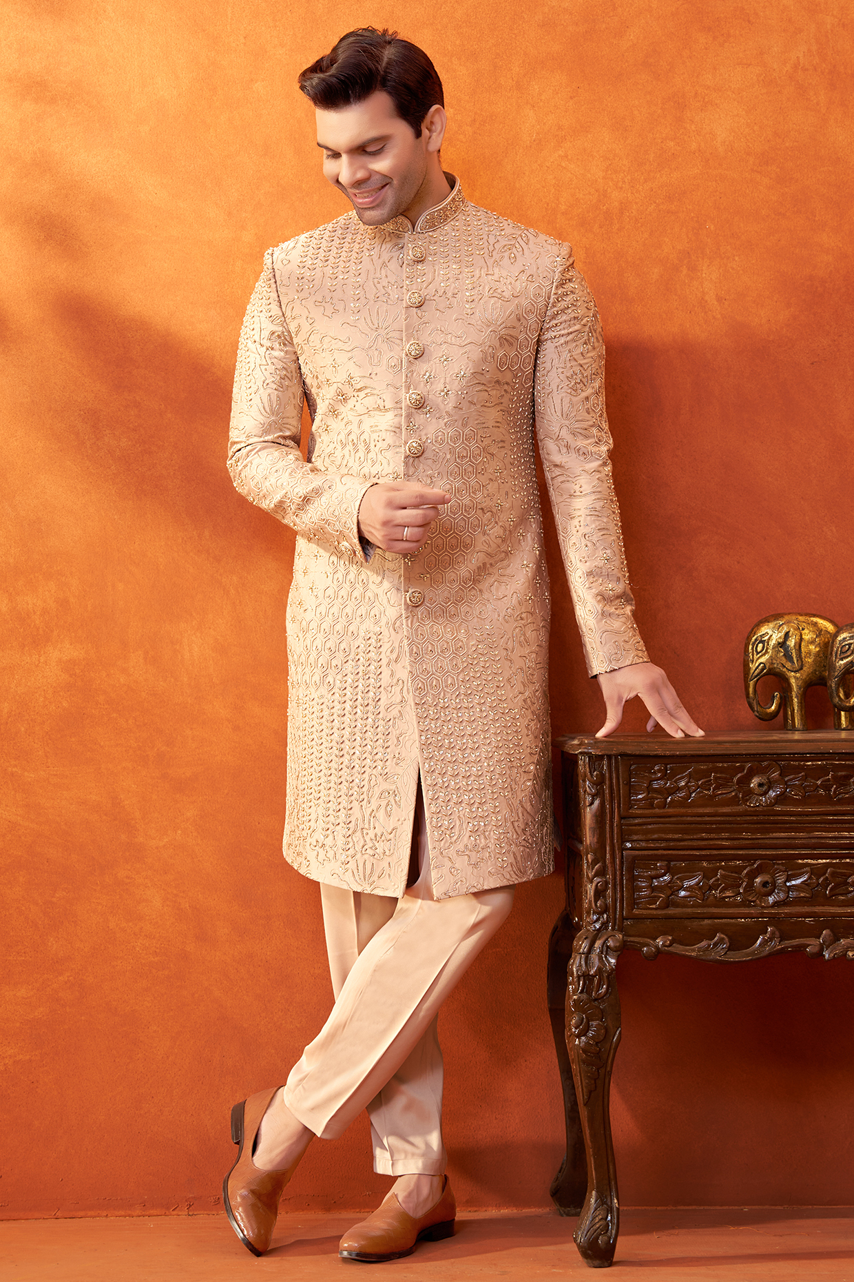 Beige Satin Silk Abstract Work Sherwani Set by PARV DESIGN STUDIO