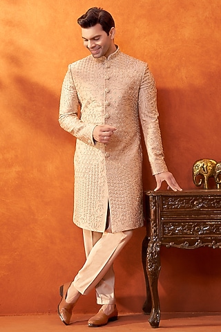 Beige Satin Silk Abstract Work Sherwani Set by PARV DESIGN STUDIO