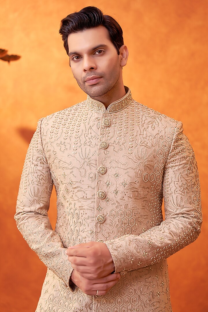 Beige Satin Silk Abstract Work Wedding Sherwani Set by PARV DESIGN STUDIO at Pernia's Pop Up Shop