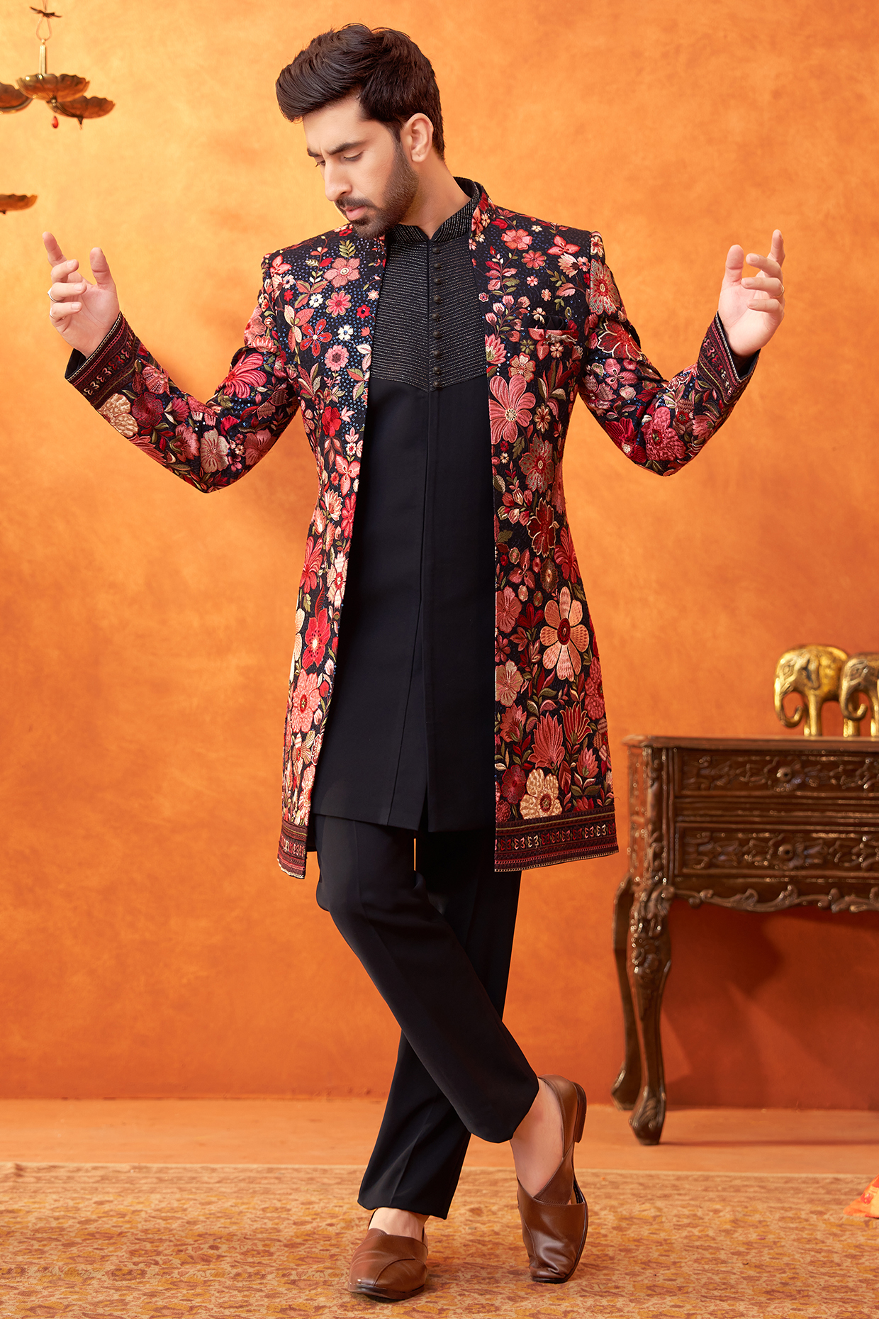Multi-Colored Georgette Thread Embroidered Indowestern Set by PARV DESIGN STUDIO