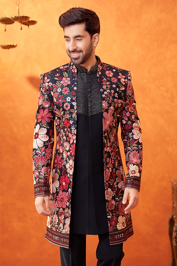 Multi-Colored Georgette Thread Embroidered Wedding Indowestern Set by PARV DESIGN STUDIO at Pernia's Pop Up Shop