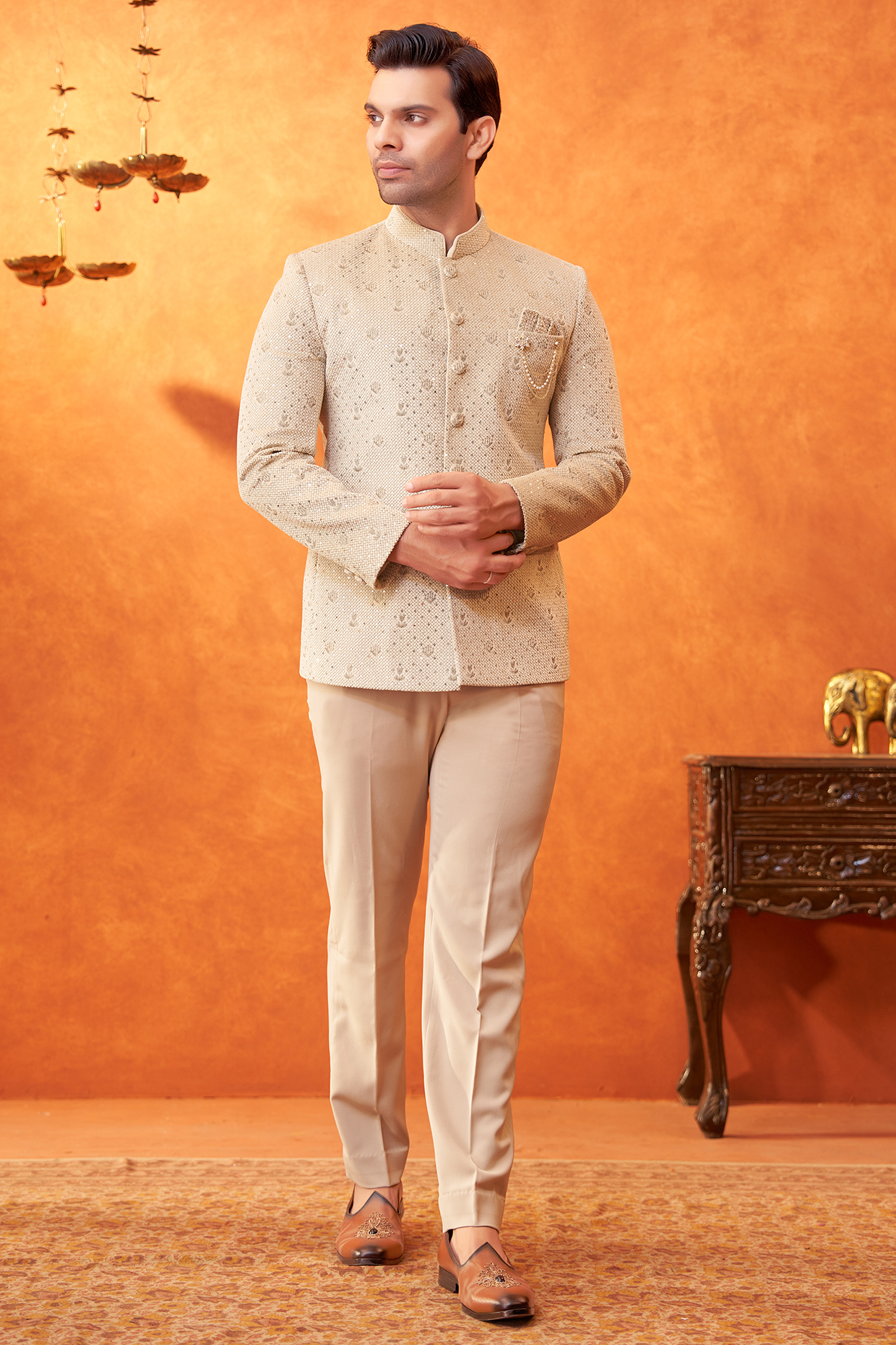 Beige Suede Zari Embroidered Bandhgala Set by PARV DESIGN STUDIO
