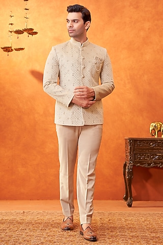 Beige Suede Zari Embroidered Bandhgala Set by PARV DESIGN STUDIO