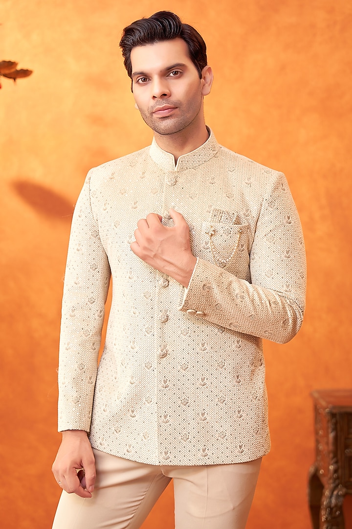 Beige Suede Zari Embroidered Bandhgala Set by PARV DESIGN STUDIO at Pernia's Pop Up Shop