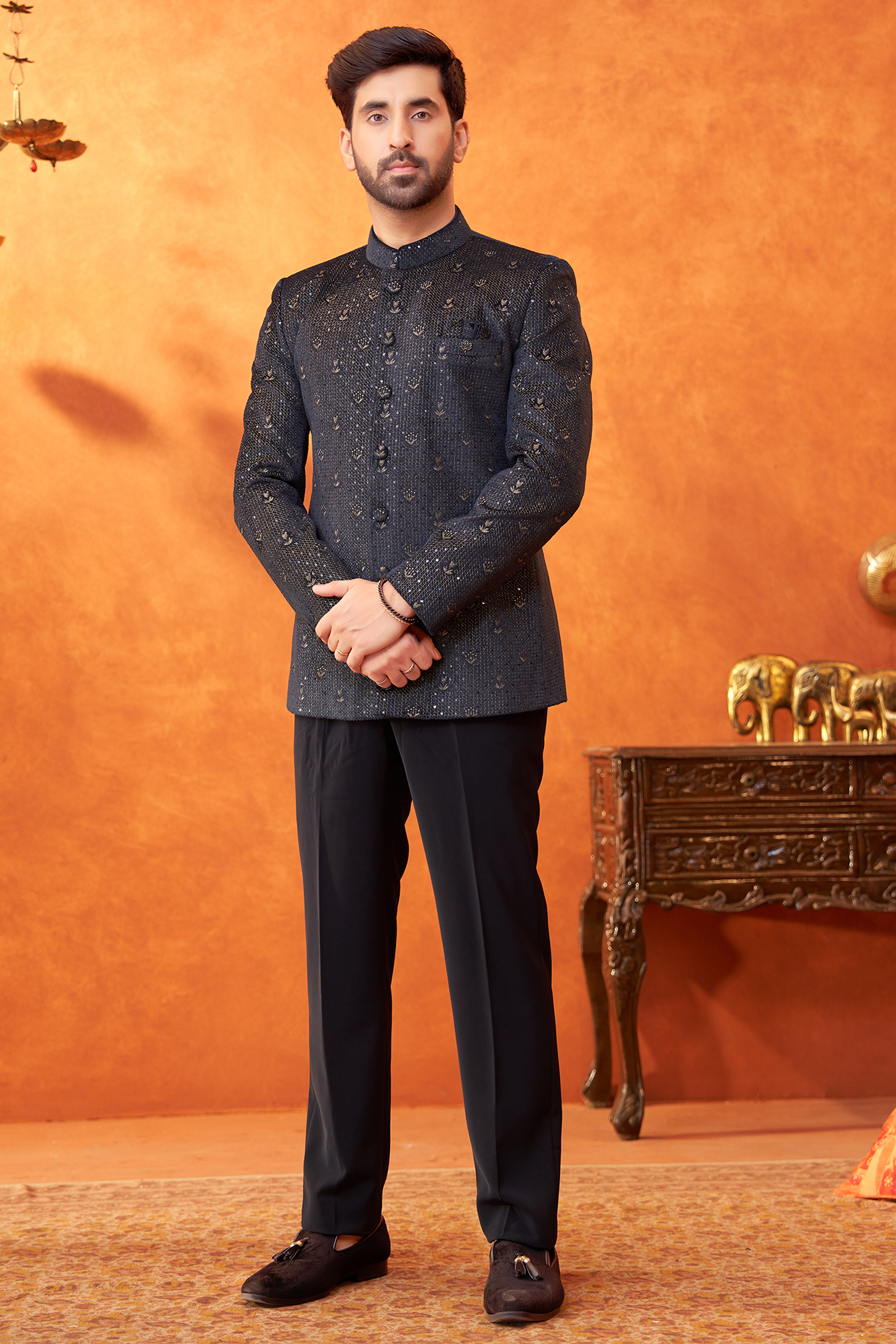 Navy Suede Zari Embroidered Bandhgala Set by PARV DESIGN STUDIO