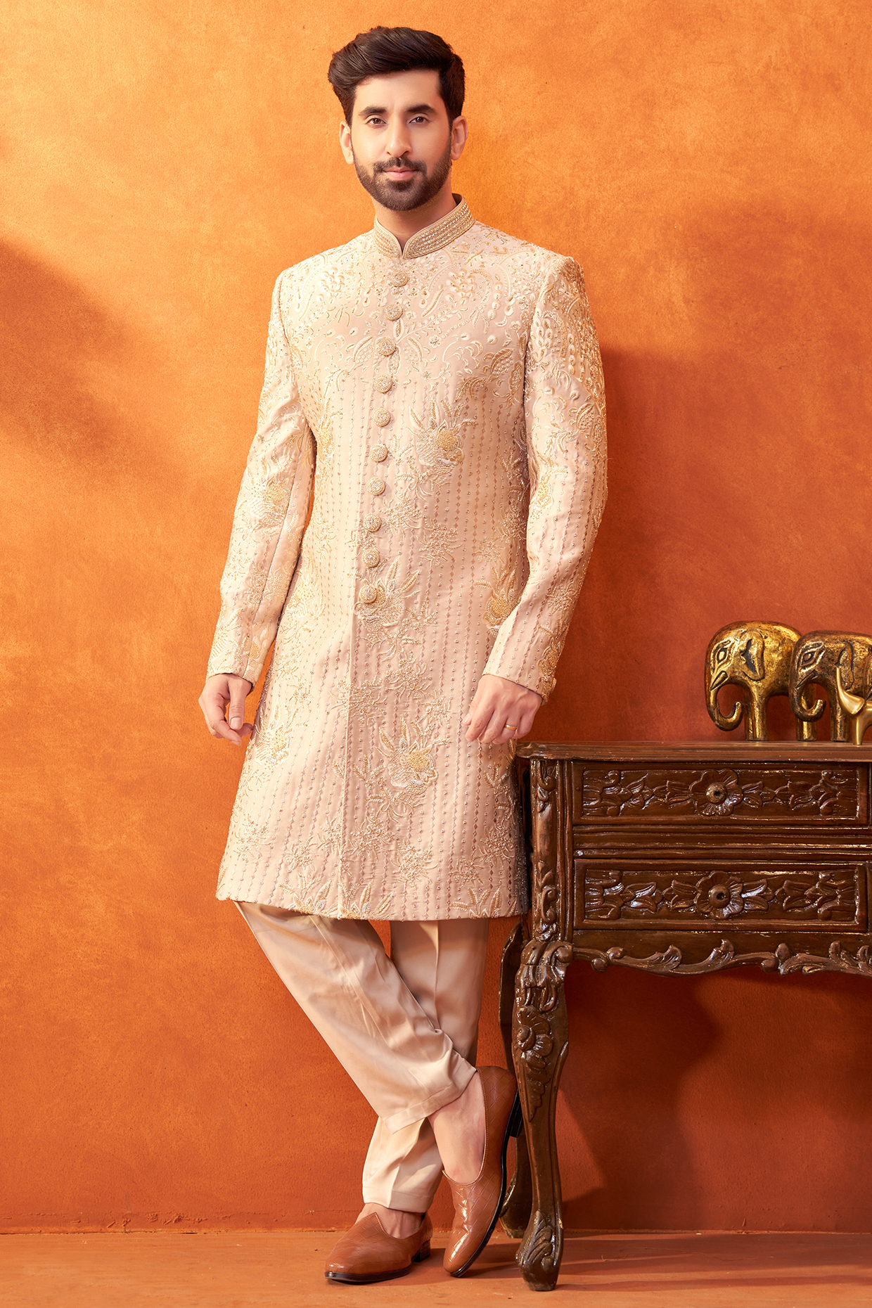 Beige Satin Silk Abstract Work Sherwani Set by PARV DESIGN STUDIO
