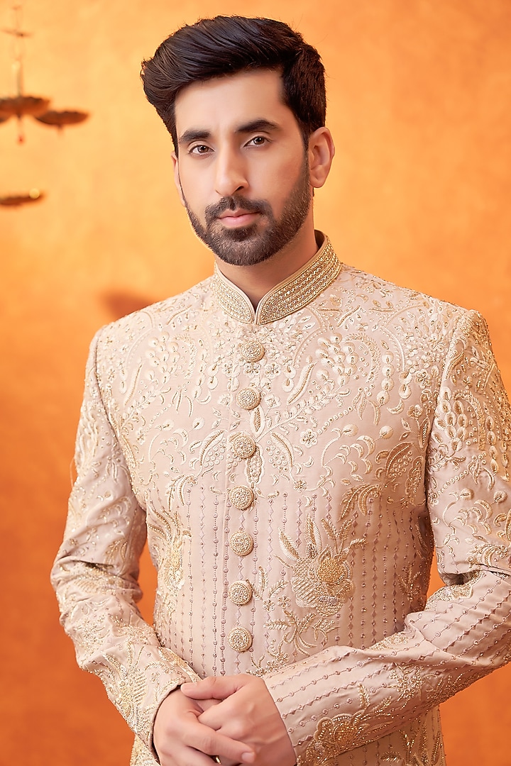 Beige Satin Silk Abstract Work Wedding Sherwani Set by PARV DESIGN STUDIO at Pernia's Pop Up Shop