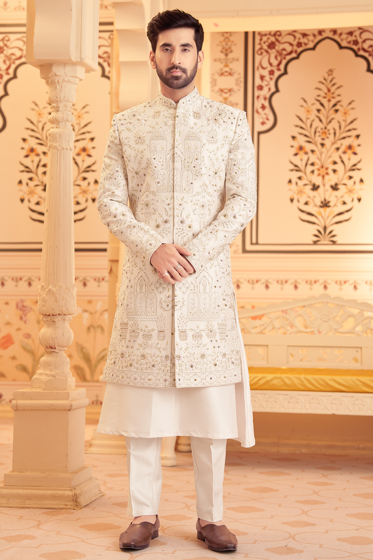Blush Lilac Raw Silk Cutdana Embroidered Sherwani Set by PARV DESIGN STUDIO