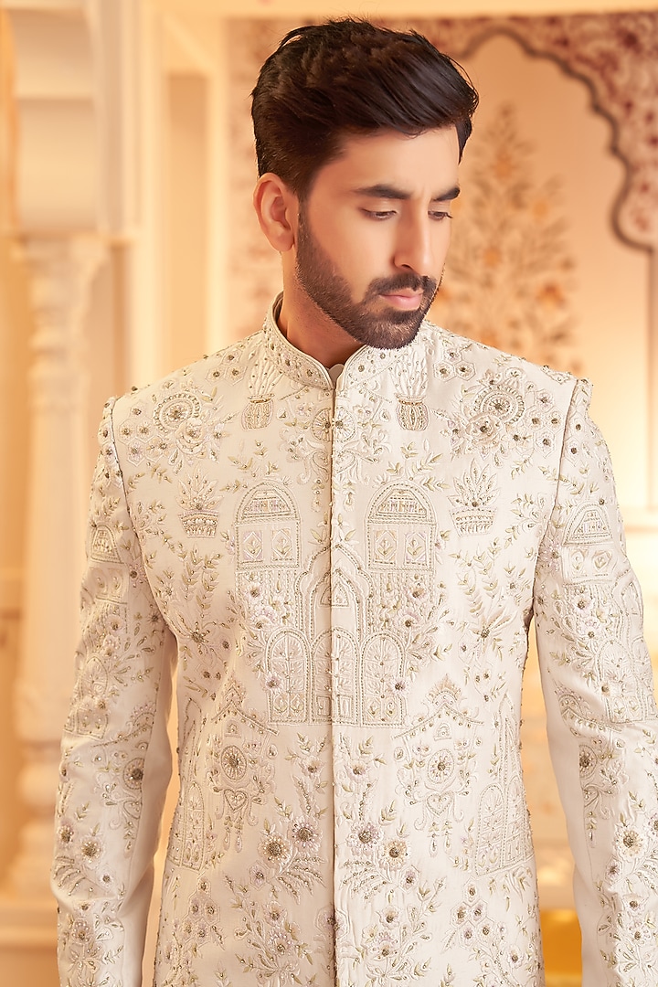 Blush Lilac Raw Silk Cutdana Embroidered Wedding Sherwani Set by PARV DESIGN STUDIO at Pernia's Pop Up Shop