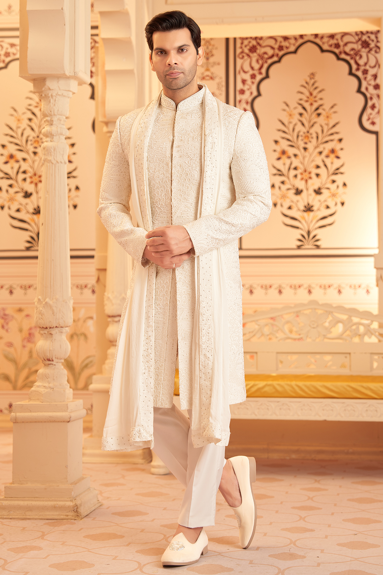 White Chanderi Silk Moti Work Sherwani Set by PARV DESIGN STUDIO