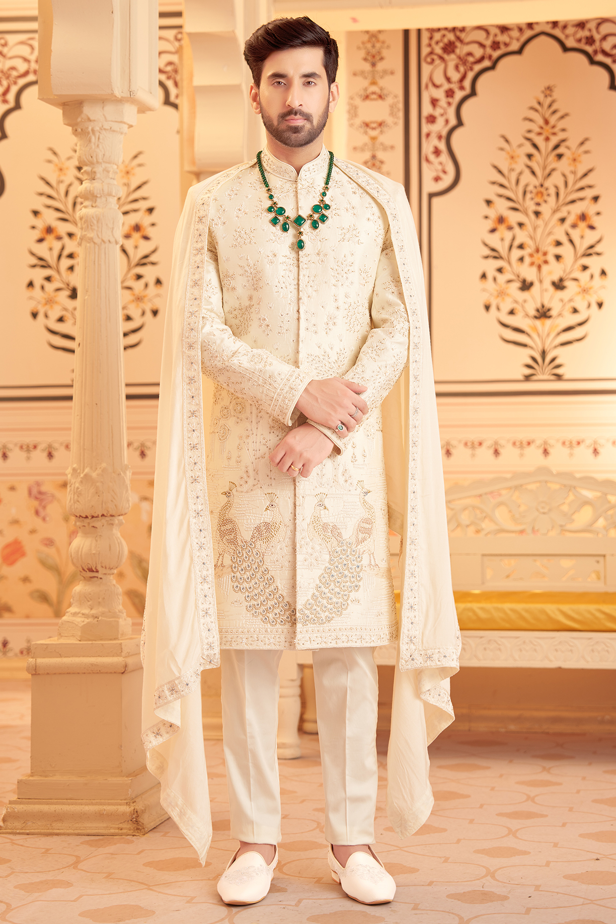 Off-White Raw Silk Resham Work Sherwani Set by PARV DESIGN STUDIO