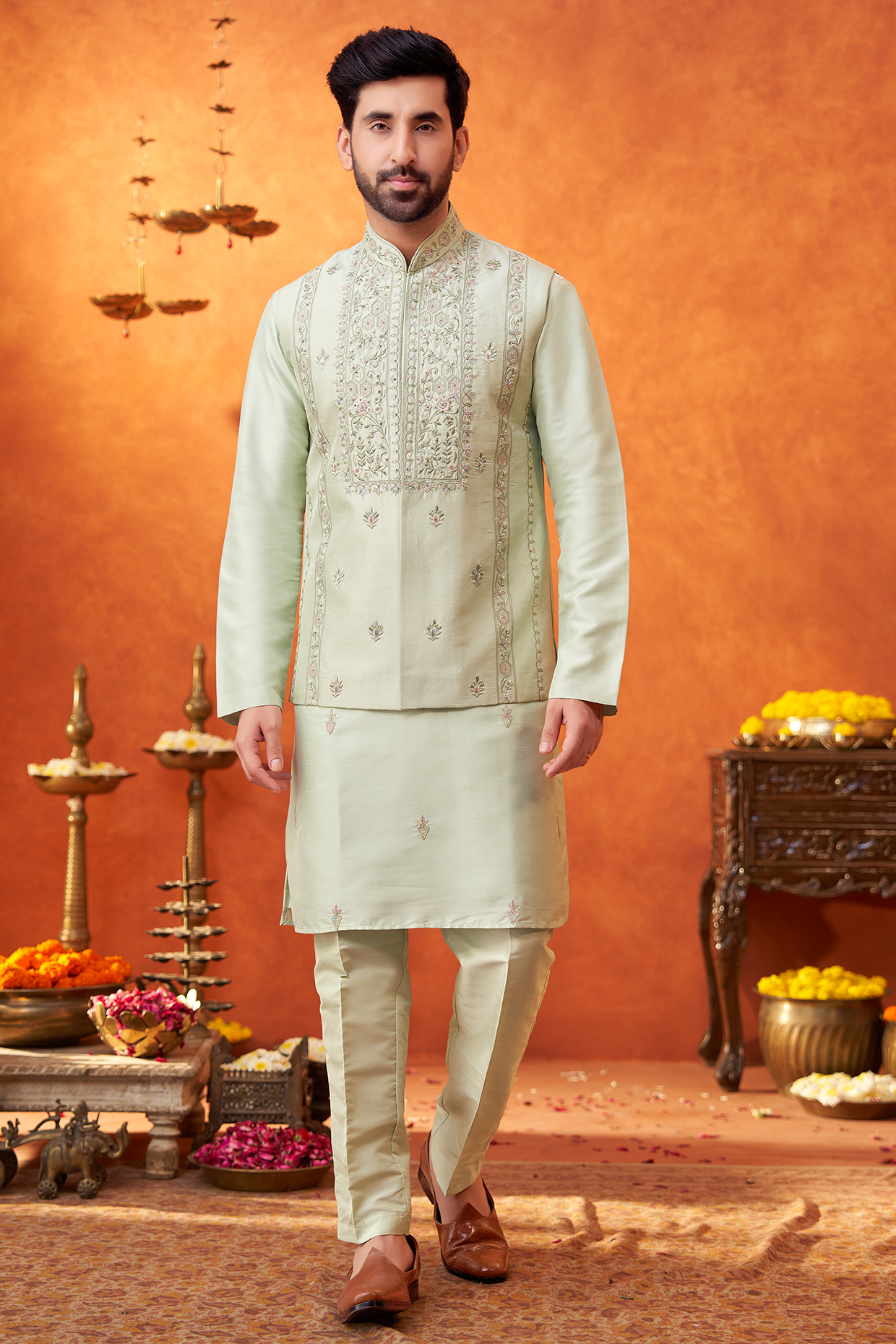 Pistachio Green Raw Silk Resham Embroidered Bundi Jacket Set by PARV DESIGN STUDIO