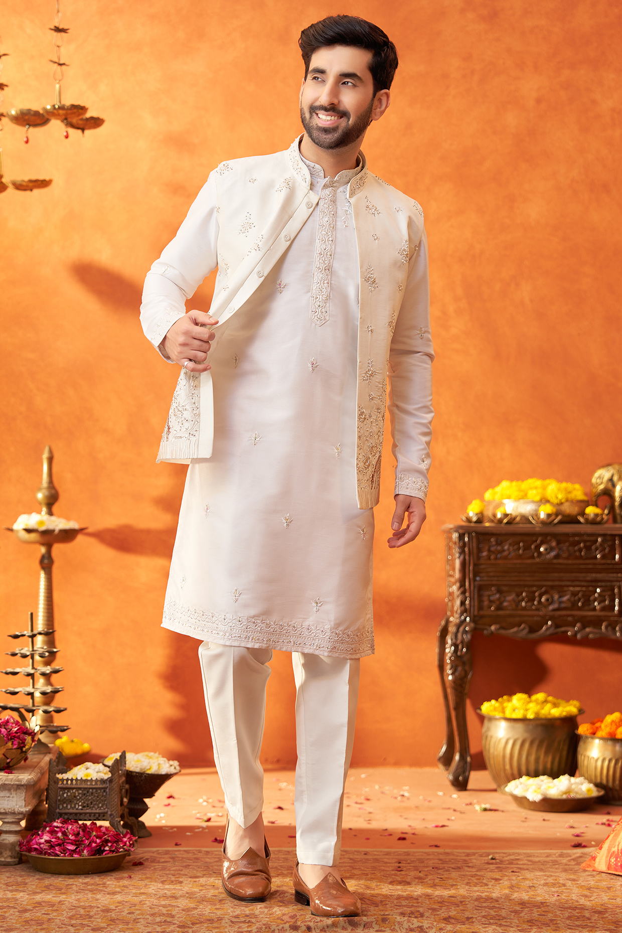 White Raw Silk Pearl Embroidered Bundi Jacket Set by PARV DESIGN STUDIO