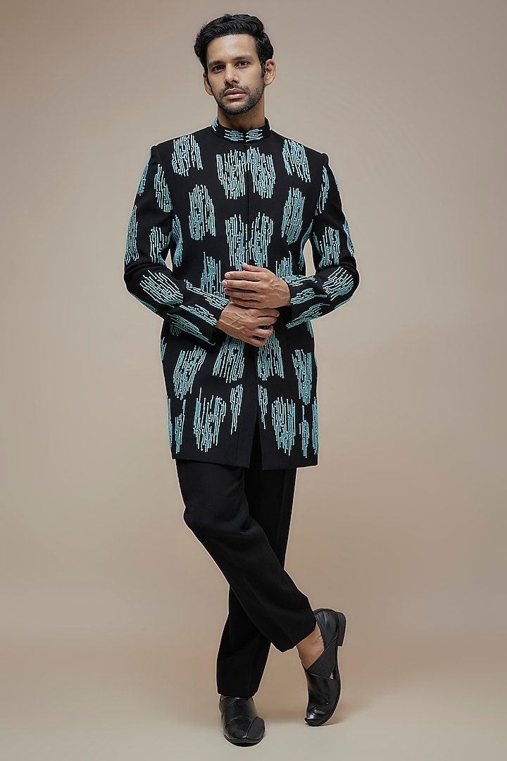 Black & Tiffany Blue Poly Viscose Blend Geometric Printed Indo-Western Set by PARV DESIGN STUDIO at Pernia's Pop Up Shop