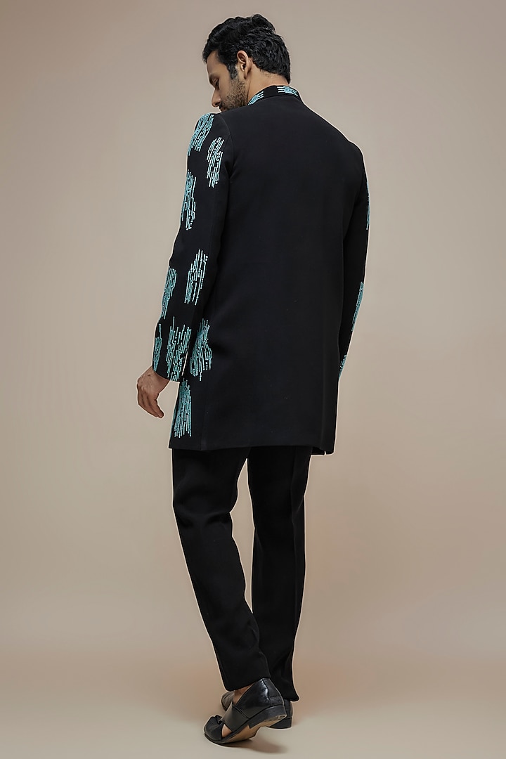 Black & Tiffany Blue Poly Viscose Blend Geometric Printed Indo-Western Set by PARV DESIGN STUDIO at Pernia's Pop Up Shop