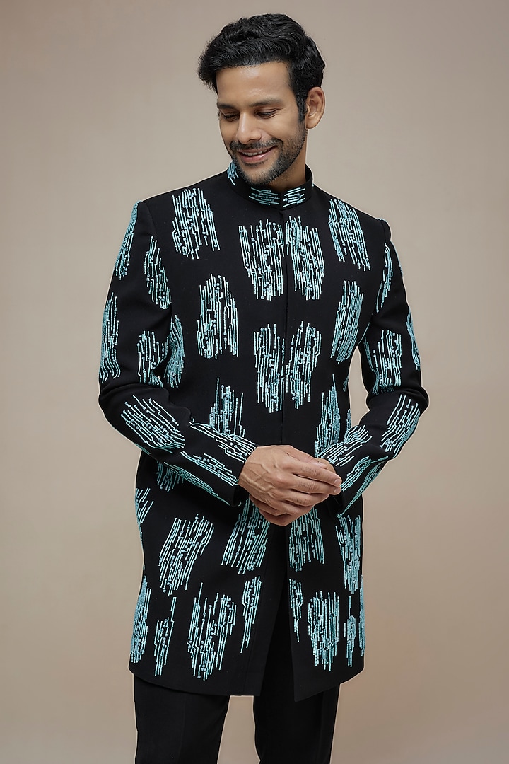 Black & Tiffany Blue Poly Viscose Blend Geometric Printed Indo-Western Set by PARV DESIGN STUDIO at Pernia's Pop Up Shop