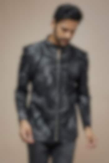 Black Suede Geometric Abstract Printed Bomber Jacket by PARV DESIGN STUDIO