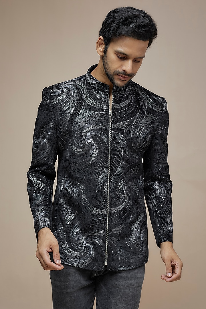 Black Suede Geometric Abstract Printed Bomber Jacket by PARV DESIGN STUDIO