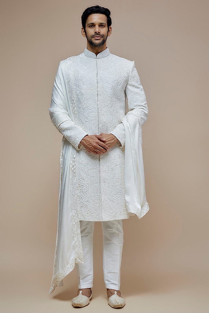 White Raw Silk Resham Hand Embroidered Wedding Sherwani Set by PARV DESIGN STUDIO at Pernia's Pop Up Shop