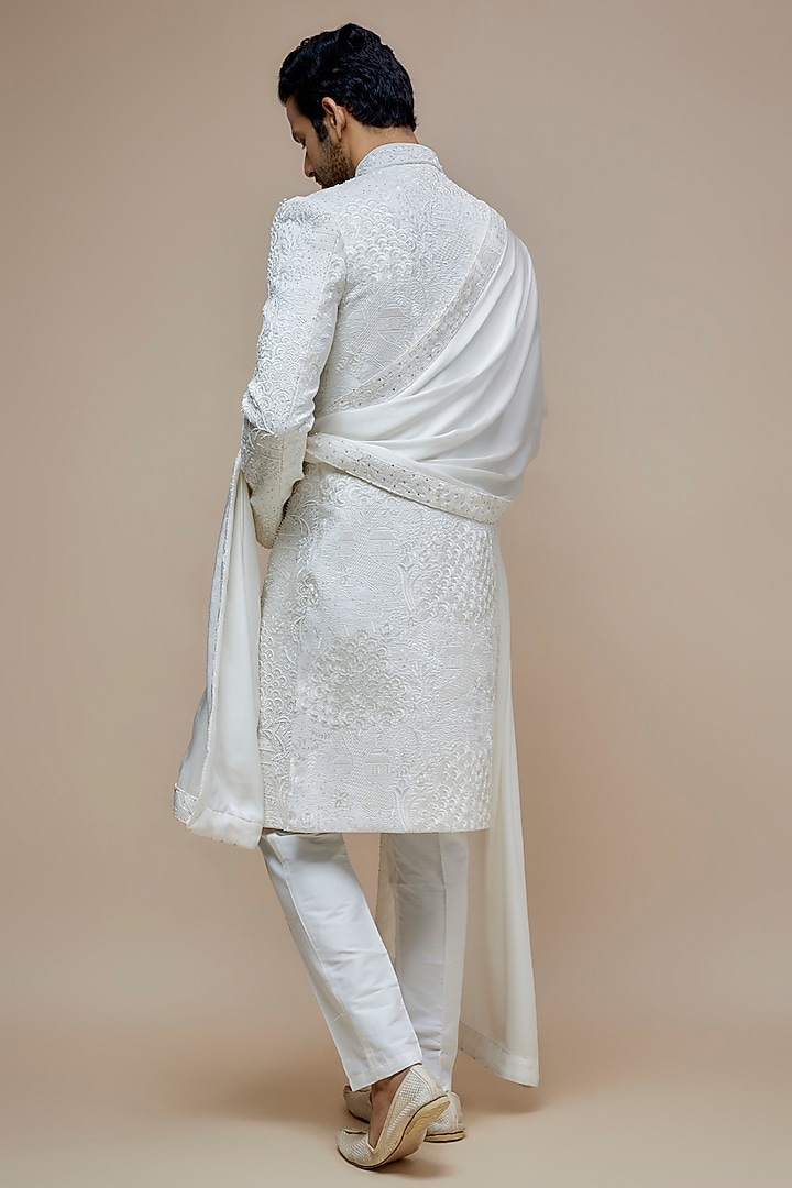 White Raw Silk Resham Hand Embroidered Wedding Sherwani Set by PARV DESIGN STUDIO at Pernia's Pop Up Shop