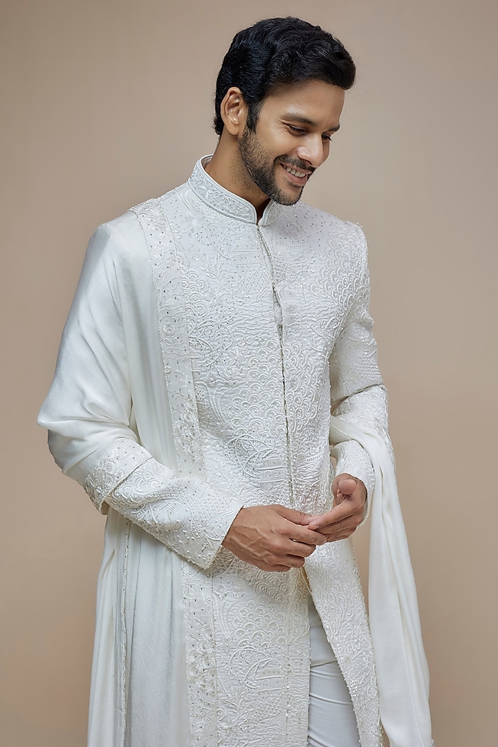 White Raw Silk Resham Hand Embroidered Wedding Sherwani Set by PARV DESIGN STUDIO at Pernia's Pop Up Shop