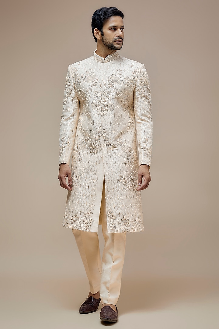 Cream Mulberry Silk Hand Embroidered Wedding Sherwani Set by PARV DESIGN STUDIO at Pernia's Pop Up Shop