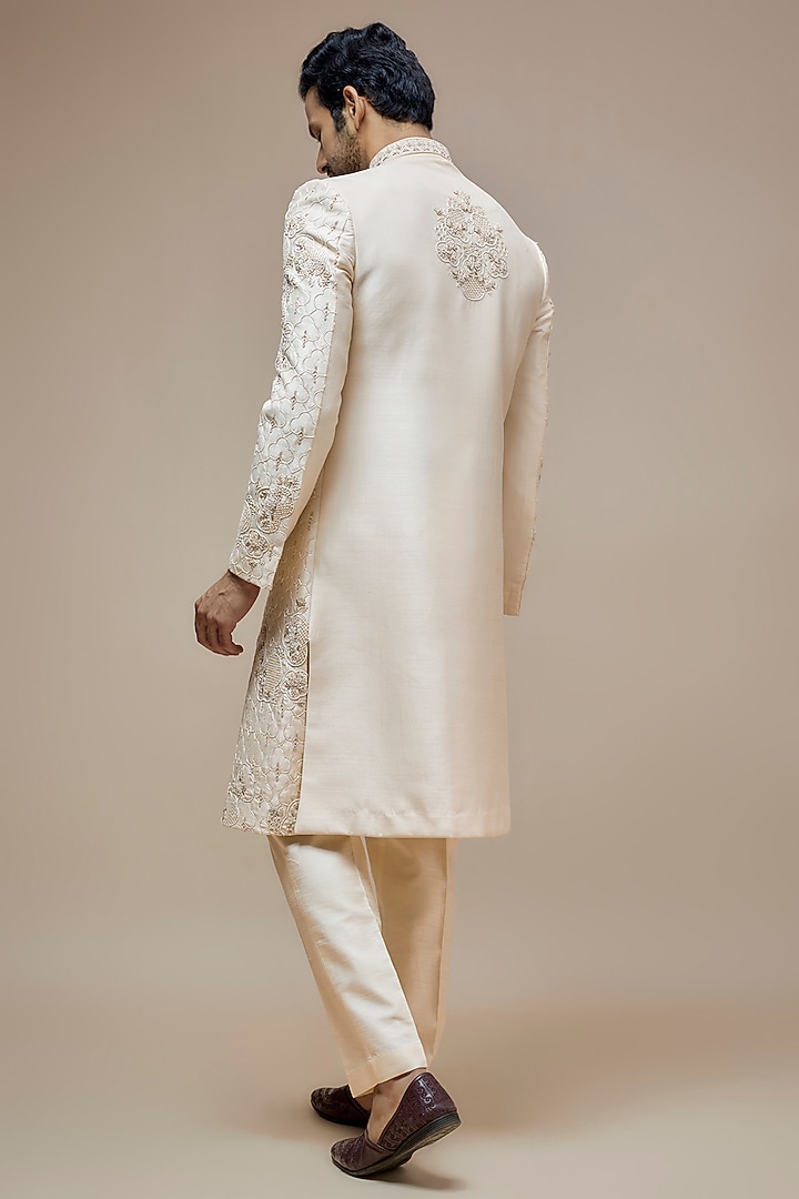 Cream Mulberry Silk Hand Embroidered Wedding Sherwani Set by PARV DESIGN STUDIO at Pernia's Pop Up Shop