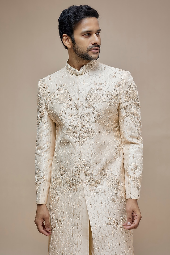 Cream Mulberry Silk Hand Embroidered Wedding Sherwani Set by PARV DESIGN STUDIO at Pernia's Pop Up Shop