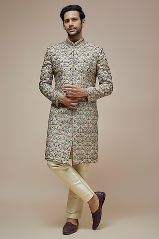 Multi-colored Raw Silk Resham Hand Embroidered Sherwani Set by PARV DESIGN STUDIO