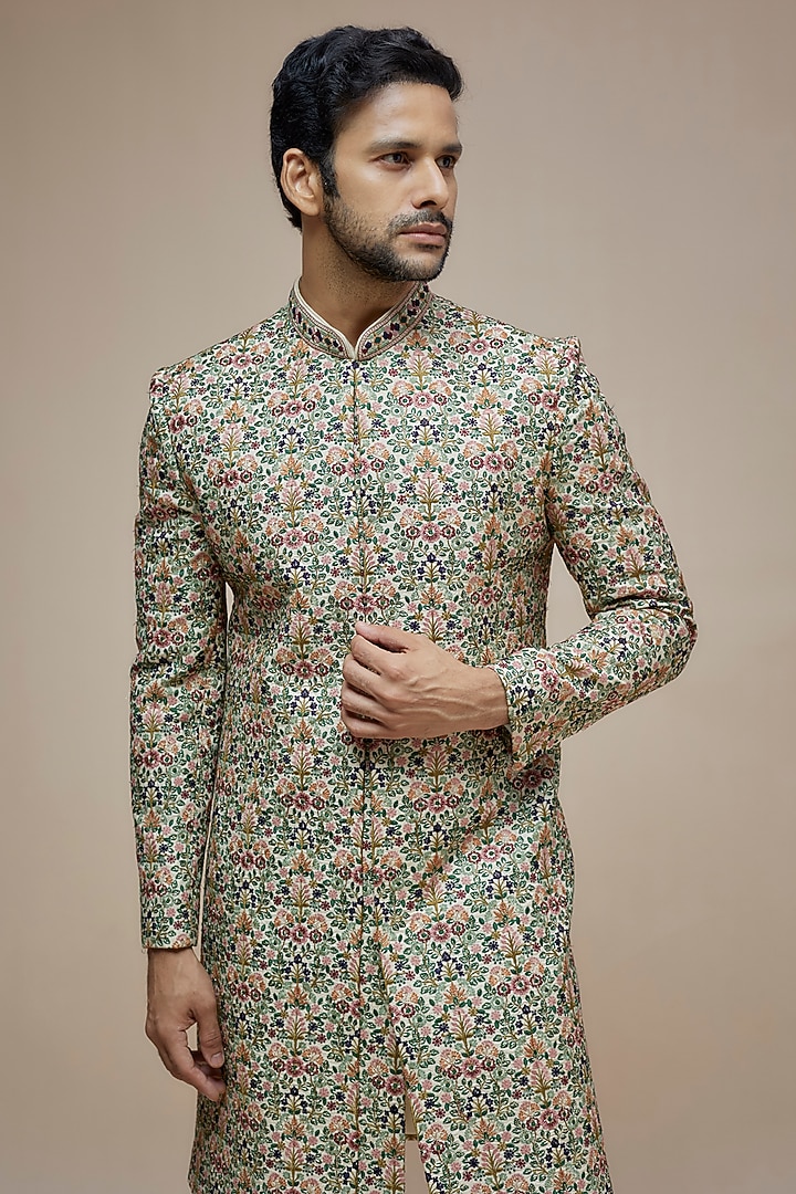 Multi-colored Raw Silk Resham Hand Embroidered Wedding Sherwani Set by PARV DESIGN STUDIO at Pernia's Pop Up Shop