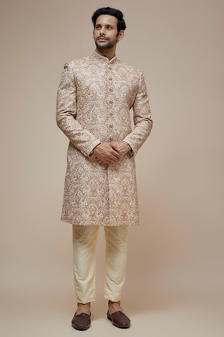 Light Beige Raw Silk Resham Hand Embroidered Wedding Sherwani Set by PARV DESIGN STUDIO at Pernia's Pop Up Shop