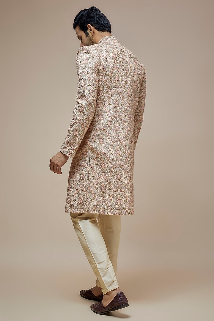Light Beige Raw Silk Resham Hand Embroidered Wedding Sherwani Set by PARV DESIGN STUDIO at Pernia's Pop Up Shop