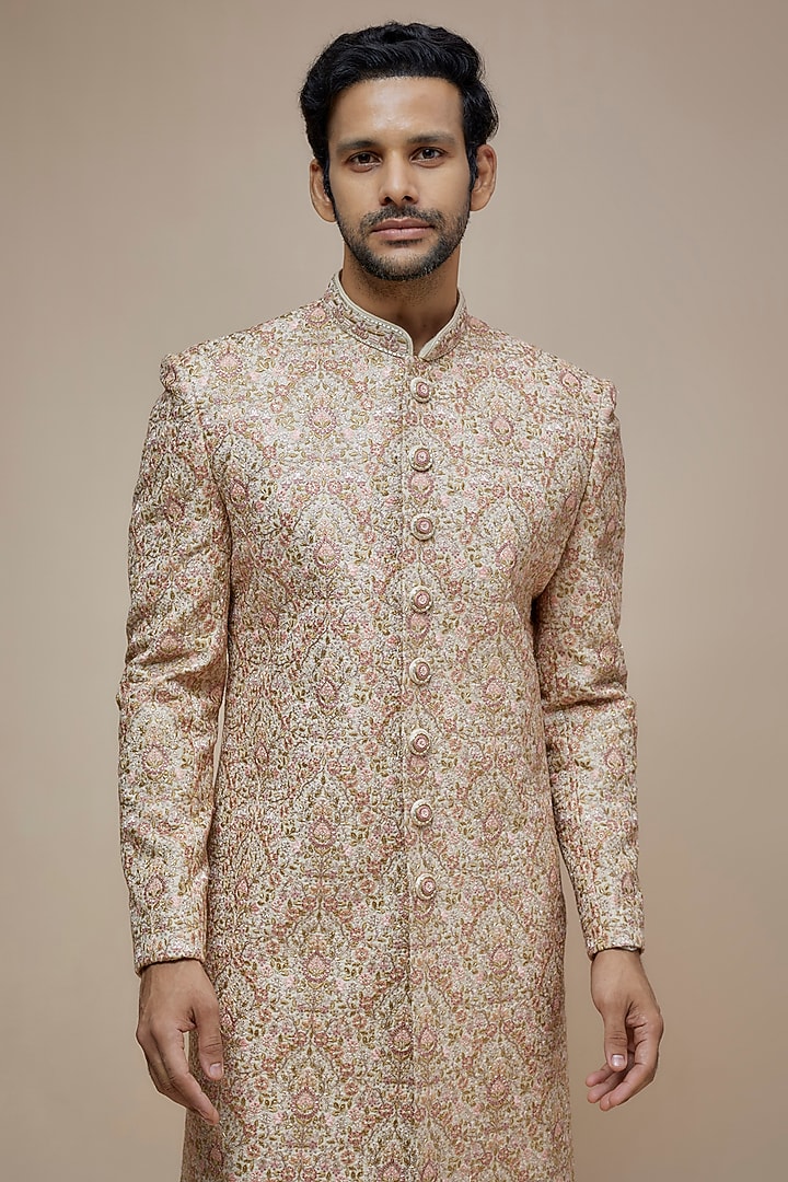 Light Beige Raw Silk Resham Hand Embroidered Wedding Sherwani Set by PARV DESIGN STUDIO at Pernia's Pop Up Shop