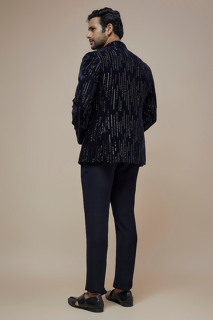 Navy Blue Velvet Cutdana Embroidered Indo-Western Set by PARV DESIGN STUDIO at Pernia's Pop Up Shop