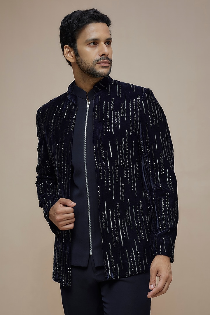 Navy Blue Velvet Cutdana Embroidered Indo-Western Set by PARV DESIGN STUDIO at Pernia's Pop Up Shop