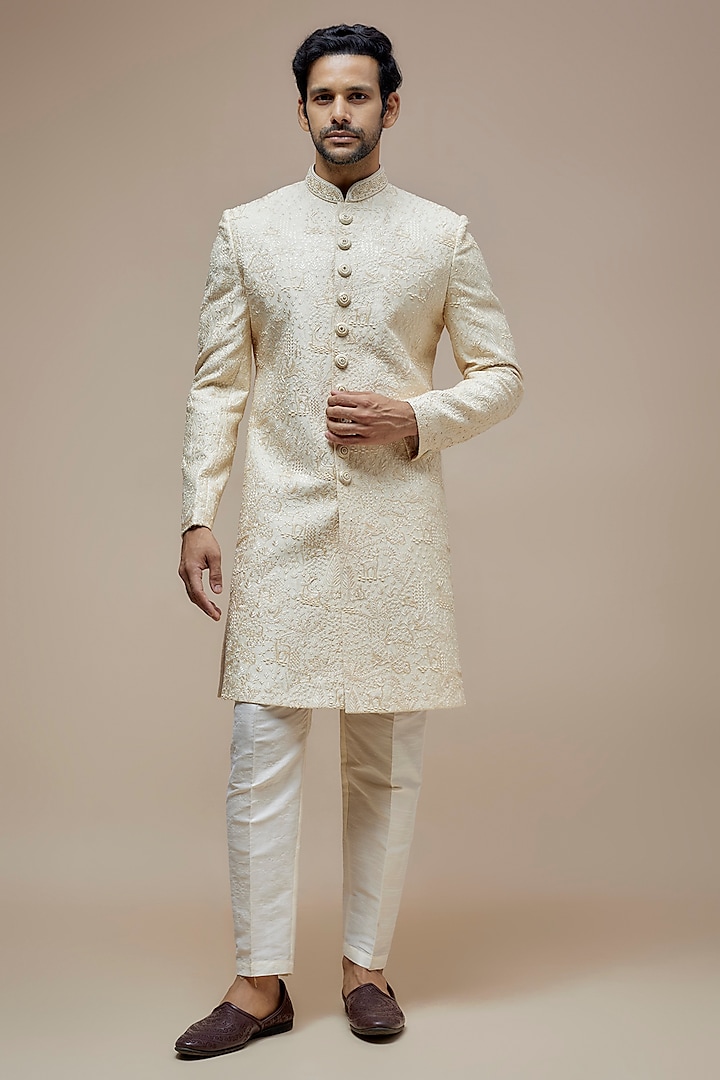 Light Gold Dupion Silk Moti Embroidered Wedding Sherwani Set by PARV DESIGN STUDIO at Pernia's Pop Up Shop