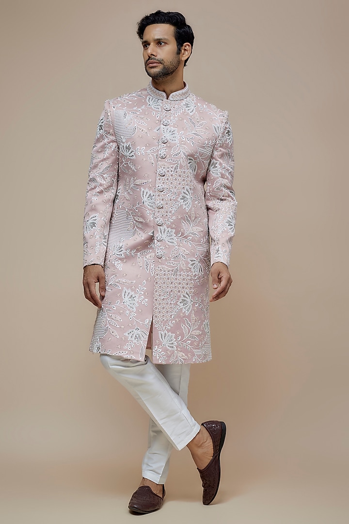 Blush Pink Satin Silk Floral Embroidered Sherwani Set by PARV DESIGN STUDIO