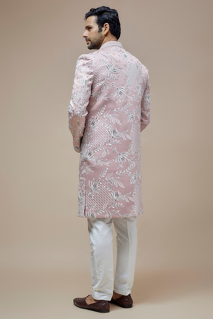 Blush Pink Satin Silk Floral Embroidered Wedding Sherwani Set by PARV DESIGN STUDIO at Pernia's Pop Up Shop