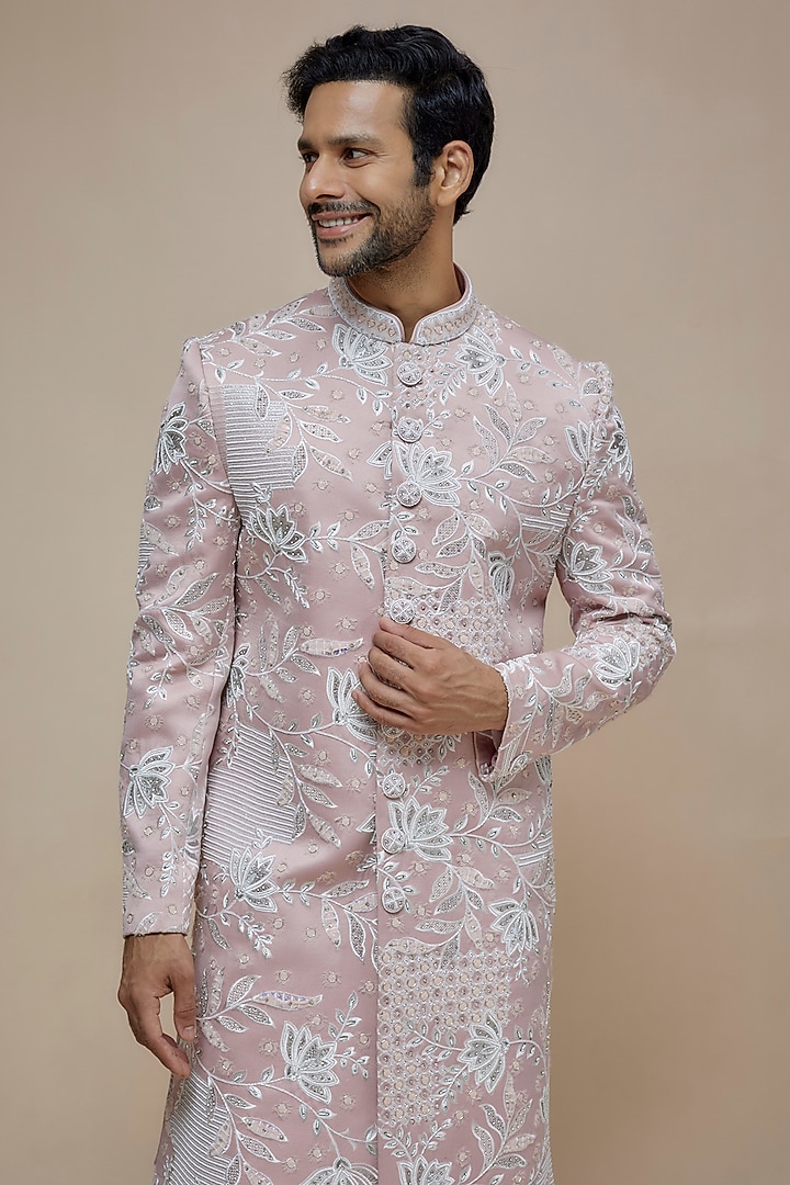 Blush Pink Satin Silk Floral Embroidered Wedding Sherwani Set by PARV DESIGN STUDIO at Pernia's Pop Up Shop